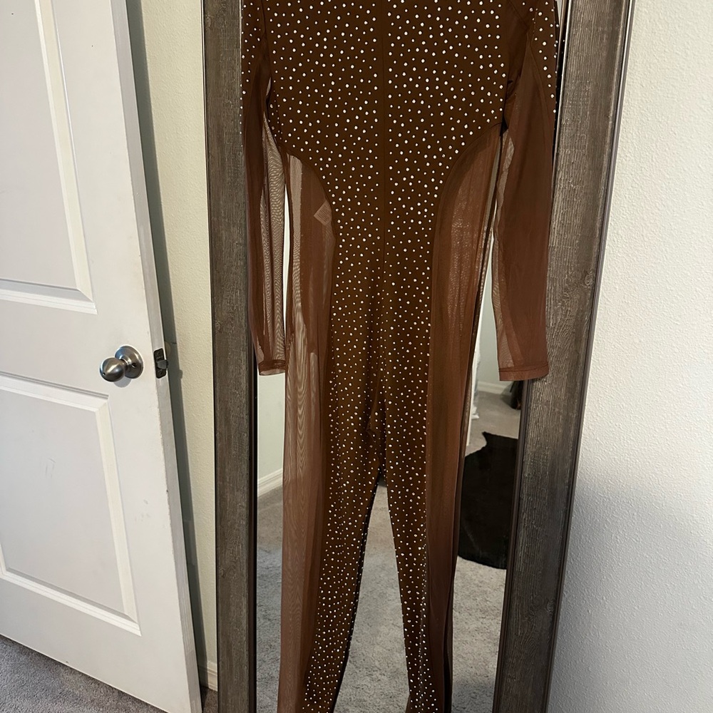 Brown Rhinestone Jumpsuit fashion nova